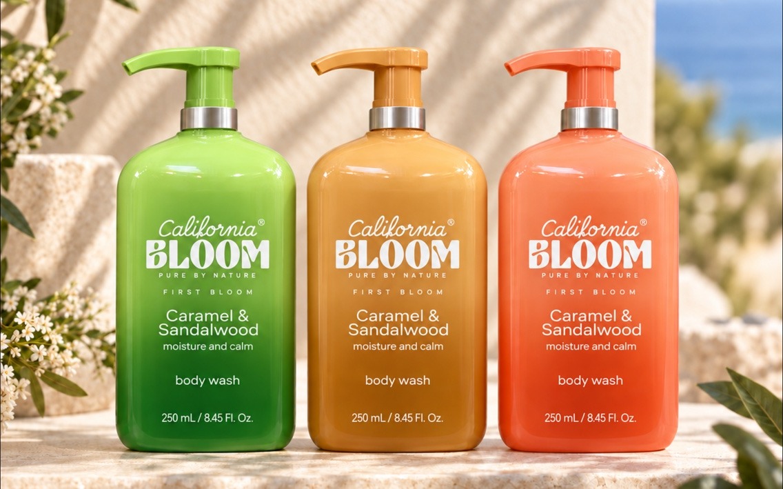 Three California Bloom First Bloom body wash bottles with silver collars